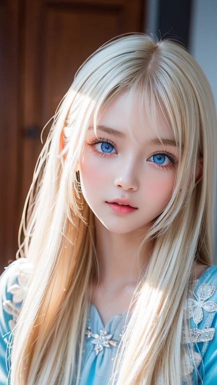 A very white and beautiful 20-year-old blonde girl、Mastepiece, Best Quality, Illustration, Ultra-detailed fine details, Natural platinum blonde with a natural shine、Super long straight silky hair、Super long Rapunzel hair、disheveled bangs above the eyes,、Bangs that cover the face、High resolution, 8K Denden Wallpaper, Perfect dynamic composition, Beautifully detailed large light blue eyes , Very big eyes、of hotel(Bed)、Small Face Beauty、Round face、On all fours