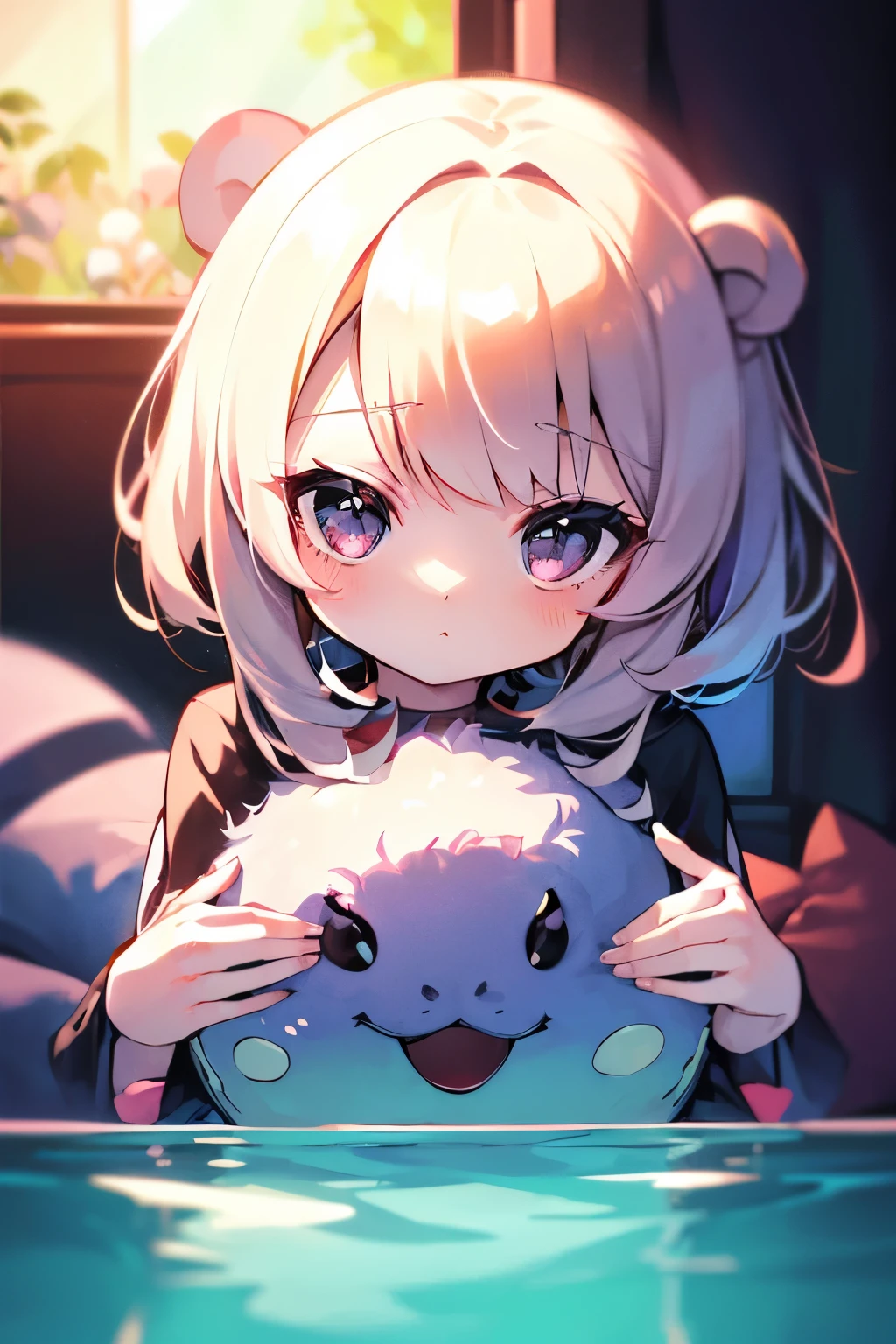  bright color,  Delicate Light , 超  high res,   Attention to Details  ,   High Quality  ,   high res, 最  High Quality  , 4K, 8k, (( cute girl)), ((1 girl hugging a cute stuffed animal spheal)),   ,  anatomically accurate finger,    pink dress ,   cute face,    Black Hair Shortcut  ,  Aquarium fish tank   , A lot of fish 