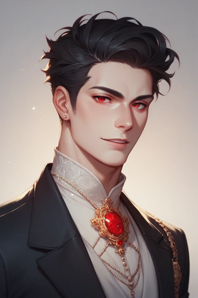 18 year old boy, Pale white skin, short and stylish black hair, Red eyes,Wearing an elegant black Victorino suit 