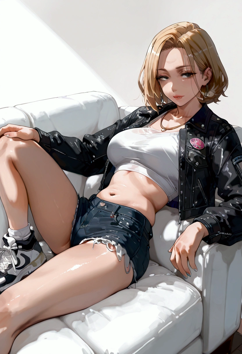 mamimi style, milf busty dirty blonde with short hair, wearing a Lakers crop top under a black denim jacket and black denim short shorts, and white sneakers, in a white room with a white couch, Blacked Cover