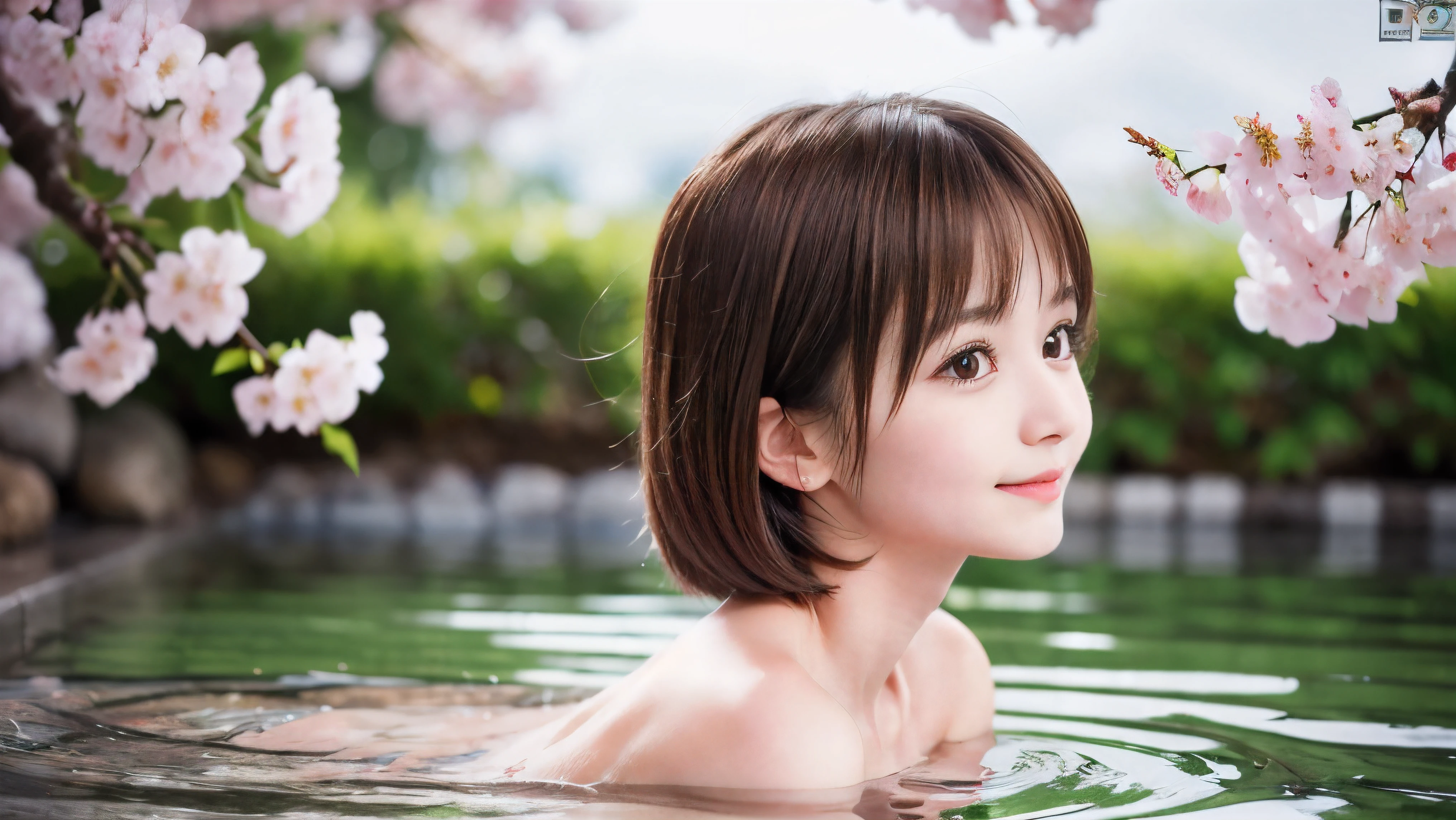 (Profile shot of a naked slender small breasts round face brown short hair with bangs girl:1.5)、(Naked girl is soaking in a milky color Japanese onsen outdoors with small smile:1.5)、(Outdoor Japanese onsen with milky white color and it has full bloom weeping cherry blossoms:1.5)、(blurred background:1.5)、(Natural light:1.5)、(8k ultra detailed master piece:1.5)、(perfect anatomy:1.5)、(Photorealistic stick:1.5)、(Raw photo:1.3)、(highest quality:1.5)、(High resolution:1.3)、(Delicate and beautiful perfect face:1.3)、(Delicate and beautiful eye air skin:1.3)、(Real Human Skin:1.3)、((thin legs))