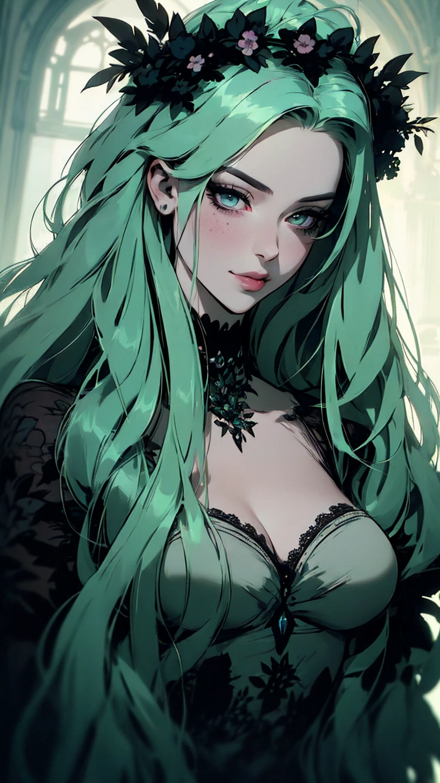 Woman with long hair straight, green hair, high detailed, realistic, ultra realistic, villain, black shirt and short pant, black symbiote suit, as venom, ((red eyes))