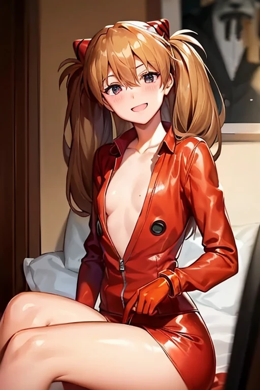 (( top quality )), ((masterpiece)), (be familiar with), perfect face, indoor, bedroom,  Watching Viewers ,
One woman,  Soryu Asuka Langley ,
開いた口,  ecstatic expression beside the piano, blush, smile,
 small tits,  flat chest, Young girl, Lori,  s,  girl,
 long hair,  twin tails,
Leg spread,