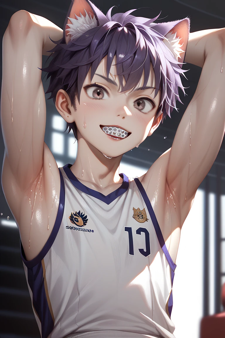 Sweat armpit, young boy, sleeveless shirt, clear white teeth, sport long dark braces, showing armpit, dark purple hair, dark eyes, anime, cat ear, SDXL (1:2), detailed, HD