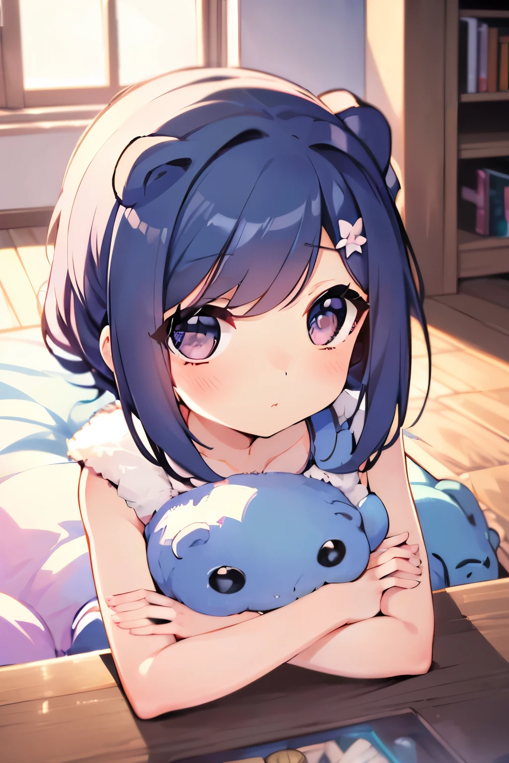 bright color, Delicate Light , 超 high res, Attention to Details , High Quality , high res, 最 High Quality , 4K, 8k, (( cute girl)), ((1 girl hugging a cute stuffed animal spheal)), ( ), anatomically accurate finger, pink dress , cute face, Black Hair Shortcut , (Aquarium fish tank ) , (A lot of fish )