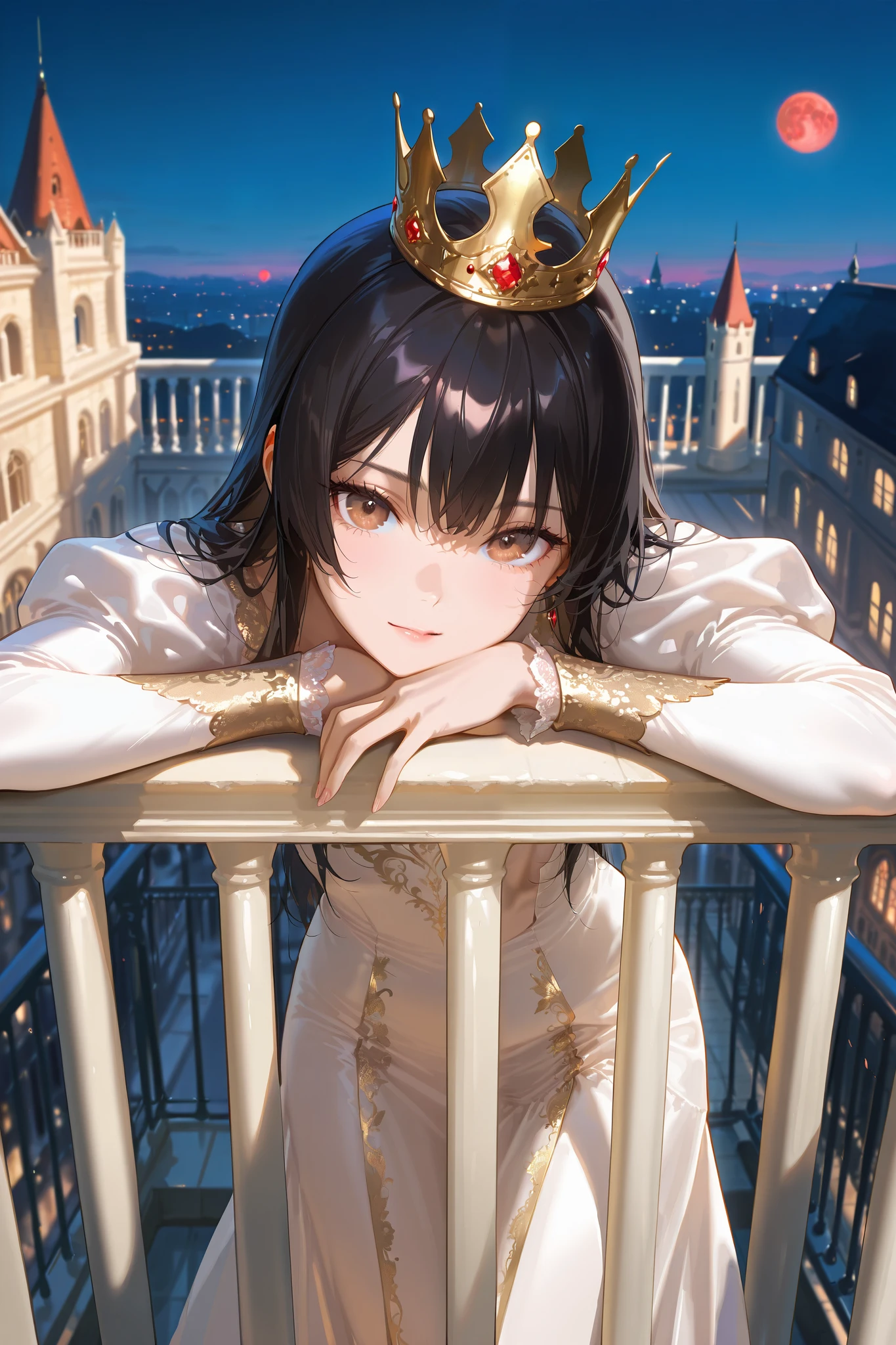 masterpiece, best quality, amazing quality, very aesthetic, high resolution, absurdres, newest, scenery,
outdoors, opulent castle, (balcony:1.3),
(solo), 1woman, 23 years old, (long hair), (black hair:1.6), beautiful, slim, fit, (brown eyes), (white skin), delicate entitled beauty, manipulative, gracefully dismissive, (ornate tight dress), sweet but deadly queen, blood moon, close up, leaning, looking at viewer, devious, half-eyelids, focus on face, queen crown, the sum of all wishes,
BREAK
smooth semi-realistic anime style, breathtaking visuals, intricate details, cool dreamy aesthetics, raytracing, 8k, ultra high definition, (subtle depth of field), (subtle bloom:0.5), rich vivid colors, vibrant textures, cinematic lighting, captivating visuals,