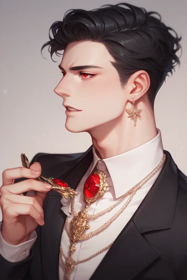  boy, Pale white skin, short and stylish black hair, Red eyes,Wearing an elegant black Victorino suit 