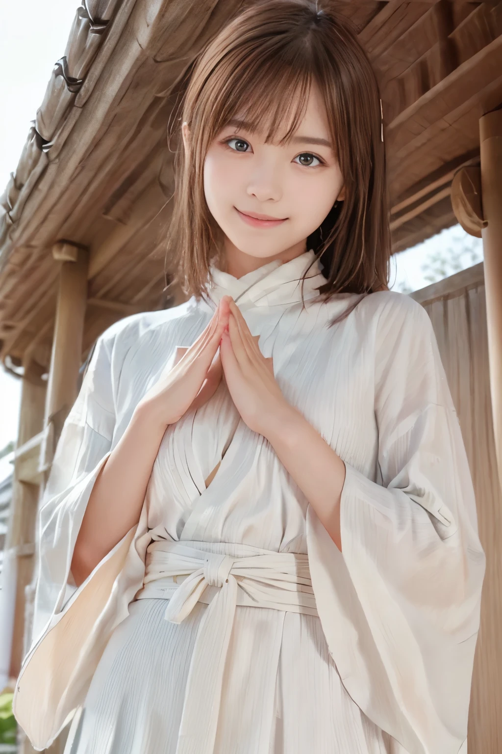 (Close up portrait of a girl with slender small breasts and long bangs In a white kimono and scarlet long skirt:1.5)、(Girl pray and put her palms together in the Japanese shrine precinct with small smile:1.5)、(Beautiful blue sky :1.3)、(Perfect Anatomy:1.3)、(complete fingers:1.3)、(8K:1.3)、Photorealistic photography、masutepiece、top-quality、high resolution、delicate and pretty、face perfect、Beautiful detailed eyes、Fair skin、Real Human Skin、((thin legs))、(Dark hair)