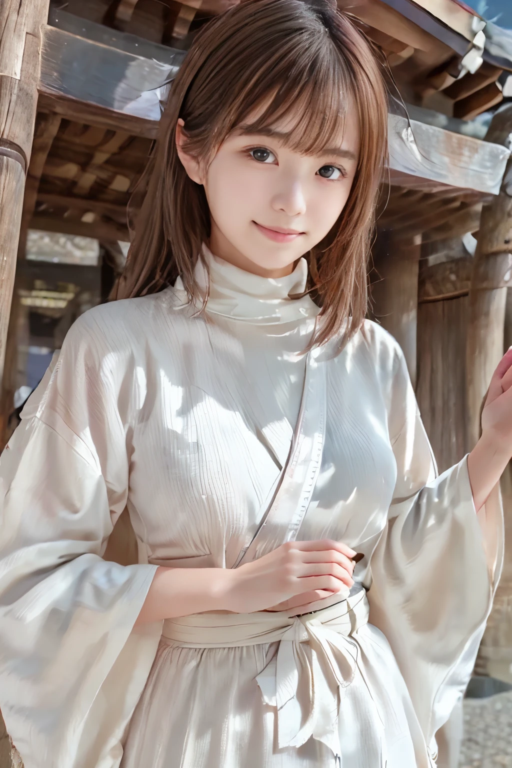 (Close up portrait of a girl with slender small breasts and long bangs In a white kimono and scarlet long skirt:1.5)、(Girl pray and put her palms together in the Japanese shrine precinct with small smile:1.5)、(Beautiful blue sky :1.3)、(Perfect Anatomy:1.3)、(complete fingers:1.3)、(8K:1.3)、Photorealistic photography、masutepiece、top-quality、high resolution、delicate and pretty、face perfect、Beautiful detailed eyes、Fair skin、Real Human Skin、((thin legs))、(Dark hair)