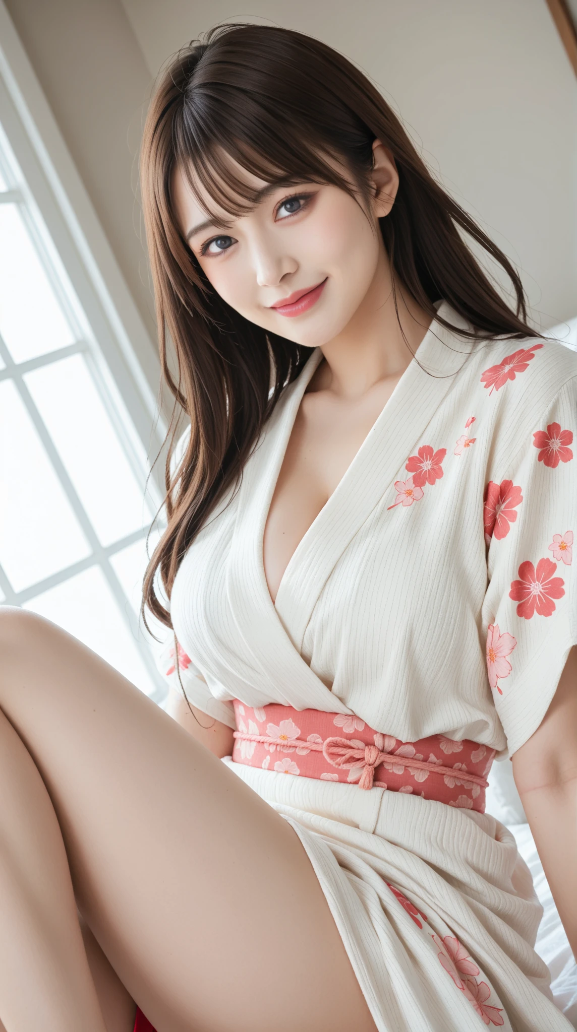 high quality,8K, Detailed facial depiction, Detailed description of the eyes,One Woman, Light brown hair(Medium-long hair),Beautiful Japanese Girl,24-years-old,Cute eyes,Cute Smile,Yukata beauty,The red floral yukata is open and very sexy.,The front of the yukata is open, revealing her sexy bra and panties.,The obi of her yukata is loose, revealing her sexy body.,Floral lace underwear,String panties,Slender body, Large, plump breast size, Long and beautiful legs,Smiling, Colorful earrings,necklace,Are standing,Beautiful nape,Japan tatami room,Feminine gestures,Dry landscape garden,wind chimes,A bedroom with futons,Lying on a futon,Sleeping on your back