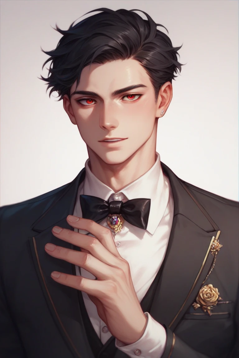  boy, Pale white skin, short and stylish black hair, Red eyes,Wearing an elegant black Victorino suit 