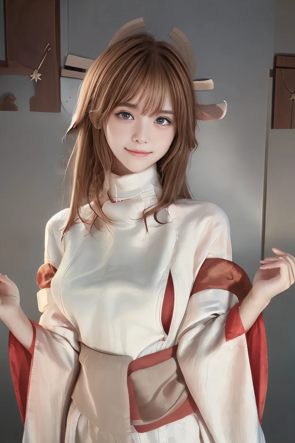 (Close up portrait of a girl with slender small breasts and long bangs In a white kimono and scarlet long skirt:1.5)、(Girl pray and put her palms together in the Japanese shrine precinct with small smile:1.5)、(Beautiful blue sky :1.3)、(Perfect Anatomy:1.3)、(complete fingers:1.3)、(8K:1.3)、Photorealistic photography、masutepiece、top-quality、high resolution、delicate and pretty、face perfect、Beautiful detailed eyes、Fair skin、Real Human Skin、((thin legs))、(Dark hair)