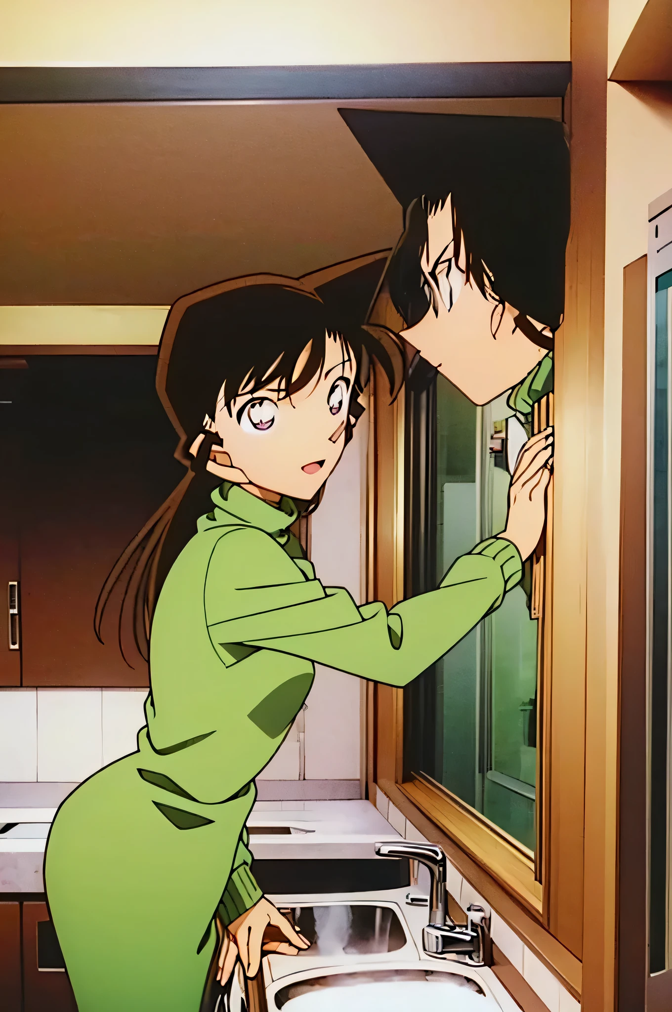 1girl、{{{mouri ran}}}, {{{meitanntei conan}}}, {{{long hair}}}, {{{official style}}}, {{{adult}}}, tight green dress (turtleneck, simple, long sleeves),light green cropped short jacket),green
socks,kitchen,bringing upper body to the sink, open, leaning forward, emphasizing the buttocks, butt to the front