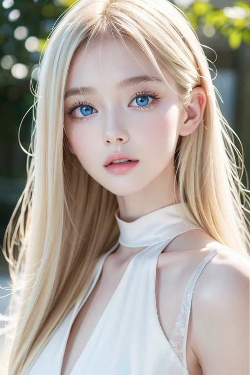 (8K, Raw photo, highest quality, masterpiece), ultra high resolution, 1 girl、portrait、、blue sky、bright and beautiful face、young, white and shining skin、best looks、blonde hair reflecting light、Beautiful platinum blonde super long silky straight hair gloss、long bangs、very beautiful 17 year old、Big eyes that shine in clear light blue、beautiful lovely beautiful girl, big breasts, ((erect nipples)), thin waist
