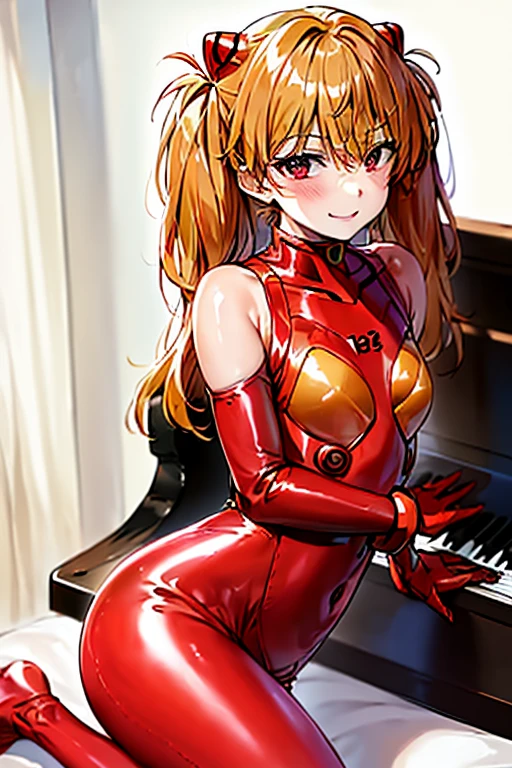 (( top quality )), ((masterpiece)), (be familiar with), perfect face, indoor, bedroom,  Watching Viewers ,
One woman,  Soryu Asuka Langley ,
開いた口,  ecstatic expression beside the piano, blush, smile,
 small tits,  flat chest, Young girl, Lori,  s,  girl,
 long hair,  twin tails,
Leg spread,