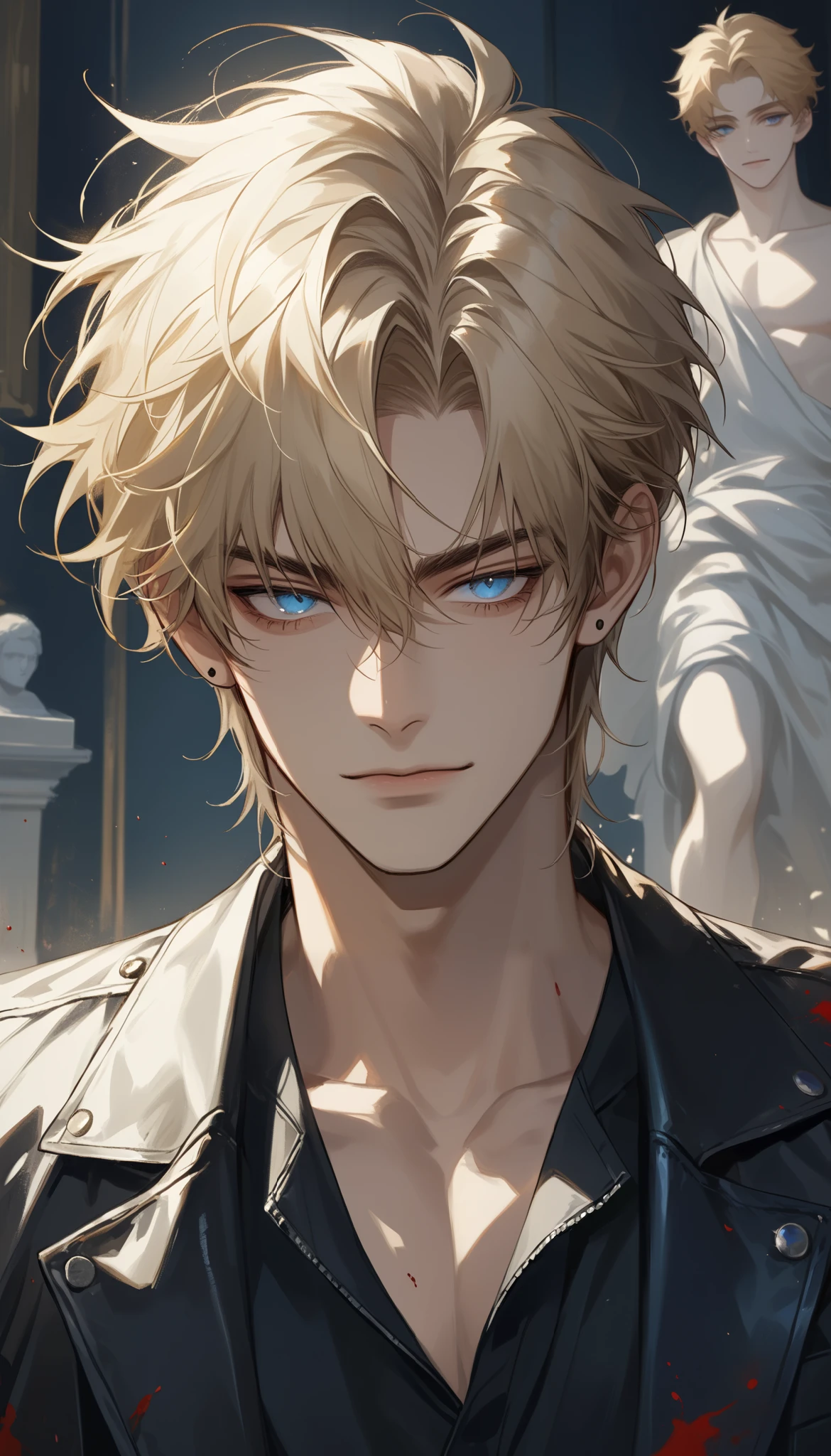 (score_9, score_8_up), short messy hair, very messy bangs, masterpiece, best quality, 1 man , blond hair , perfect face , blue eyes , handsome male , Alone, adult male , delicate line drawingimpasto, masterpiece, high resolution, Top quality, unique , 1 male , nice , tanned skin , blond haired, white t-shirts, leather jacket, smirk, (in a dark room filled with statues, blood splatter, beautiful blue eyes, slightly muscular)