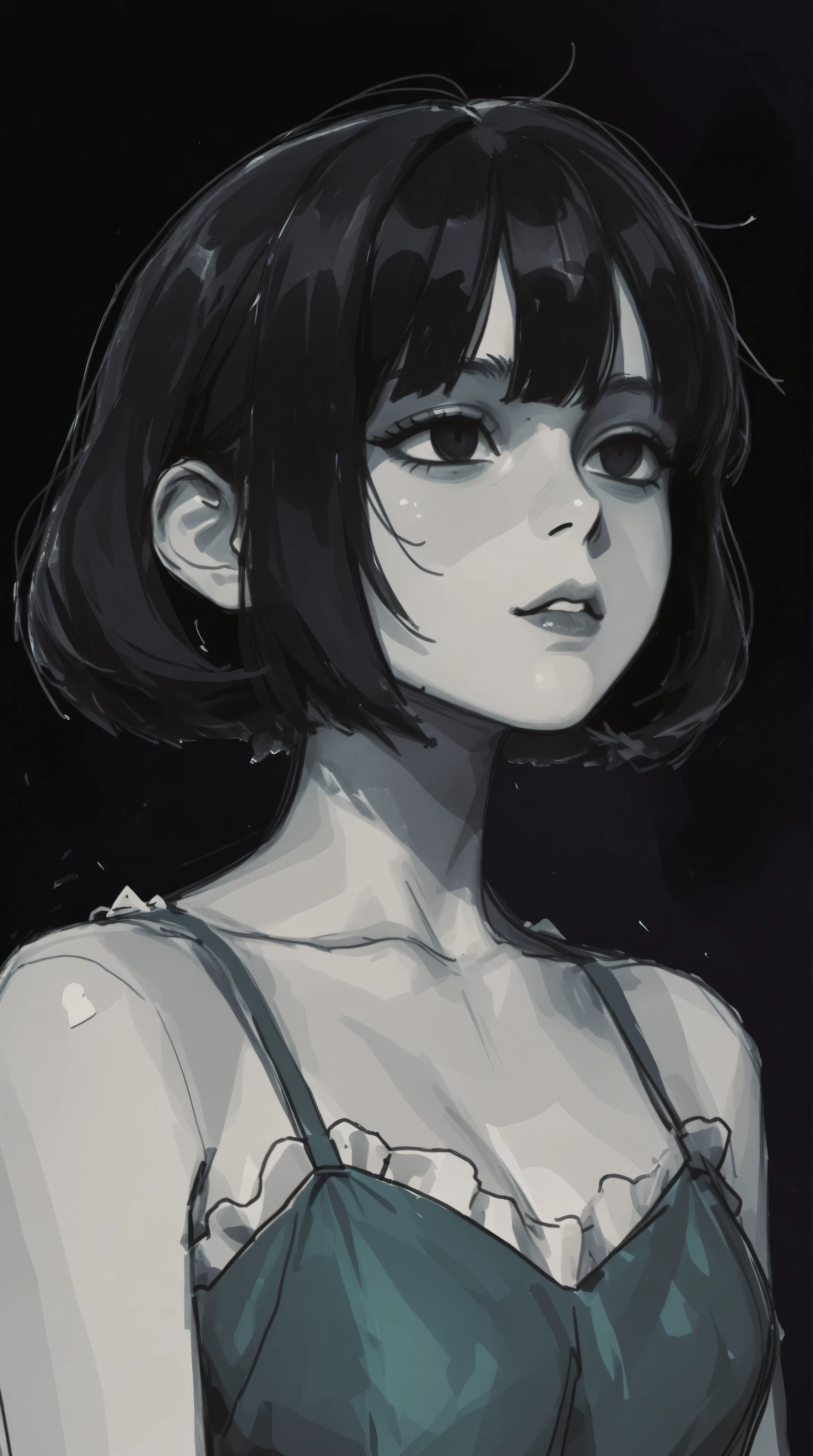 (highest quality, sketch:1.2), High resolution:0.75, Illustrator,anime, 1 girl, detailed lips, green dress,custom, (Dark monochrome background),neon hair,Texture Cropping, masterpiece, style, Retro Classic, Dark Black, Art Station, sketch book, short hair [green:1.75] [neon:1.32], (Dark monochrome background:2.1), epic realistic, detailed 