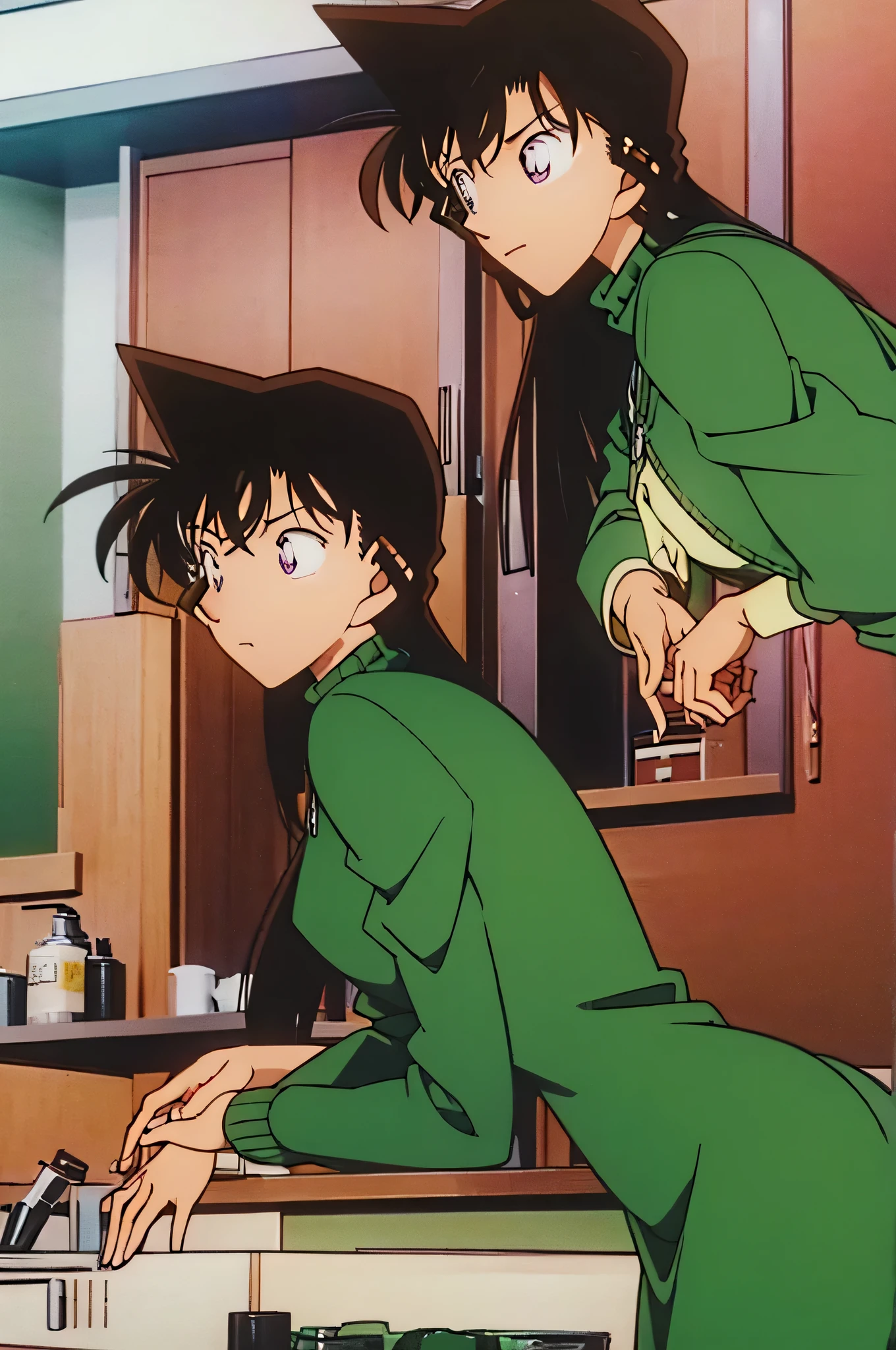 1girl、{{{mouri ran}}}, {{{meitanntei conan}}}, {{{long hair}}}, {{{official style}}}, {{{adult}}}, tight green dress (turtleneck, simple, long sleeves),light green cropped short jacket),green
socks,kitchen,bringing upper body to the sink, open, leaning forward, emphasizing the buttocks, butt to the front