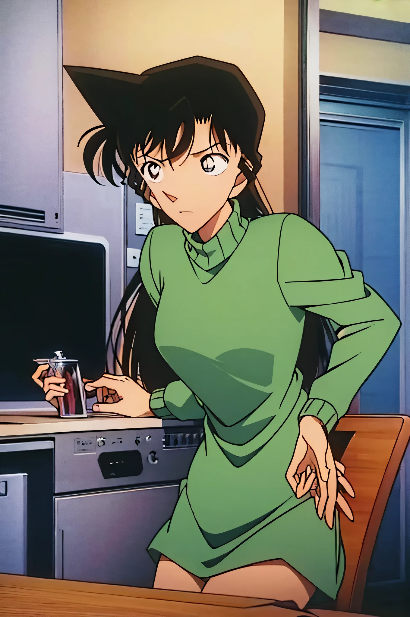 1girl、{{{mouri ran}}}, {{{meitanntei conan}}}, {{{long hair}}}, {{{official style}}}, {{{adult}}}, tight green dress (turtleneck, simple, long sleeves),light green cropped short jacket),green
socks,kitchen,bringing upper body to the sink, open, leaning forward, emphasizing the buttocks, butt to the front