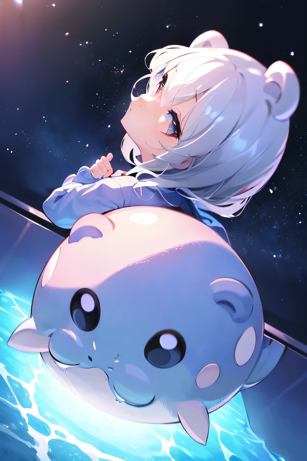bright color, Delicate Light , 超 high res, Attention to Details , High Quality , high res, 最 High Quality , 4K, 8k, (( cute girl)), ((1 girl hugging a cute stuffed animal spheal)), ( Standing Pose ), Spheal with the correct color scheme, anatomically accurate finger, pink dress , cute face, Black Hair Shortcut , (Aquarium fish tank )Standing in front of , (A lot of fish )