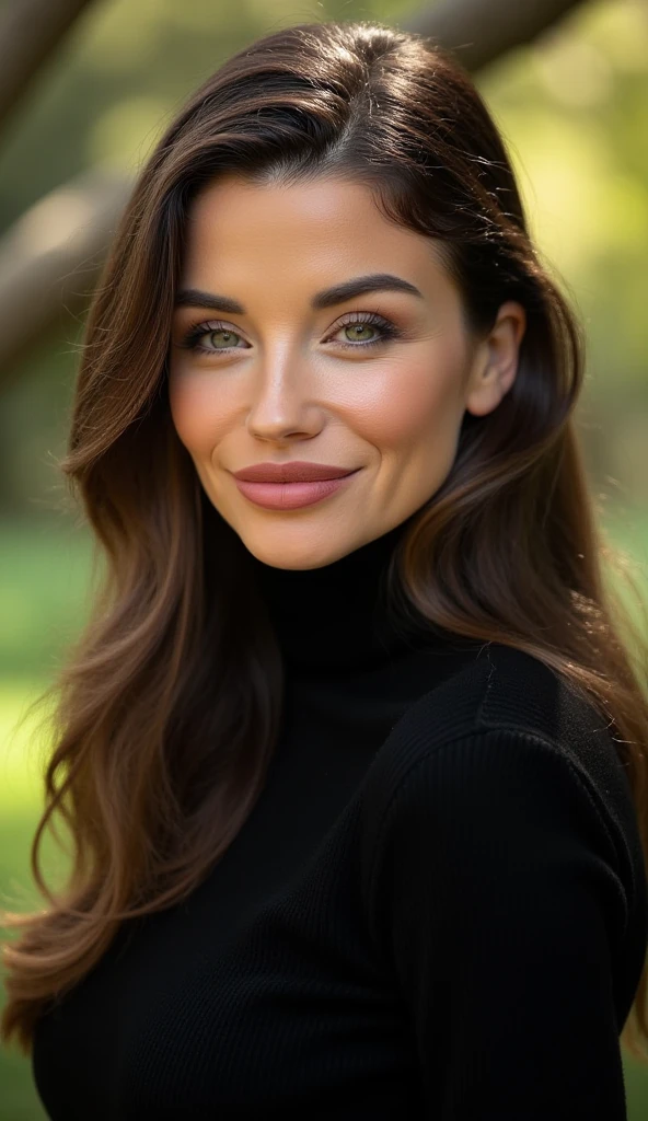 A stunning intricate full color portrait of a woman, black turtleneck,happy,epic character composition,sharp focus, natural lighting, subsurface scattering, f2, 35mm, film grain  20 years old, beautiful