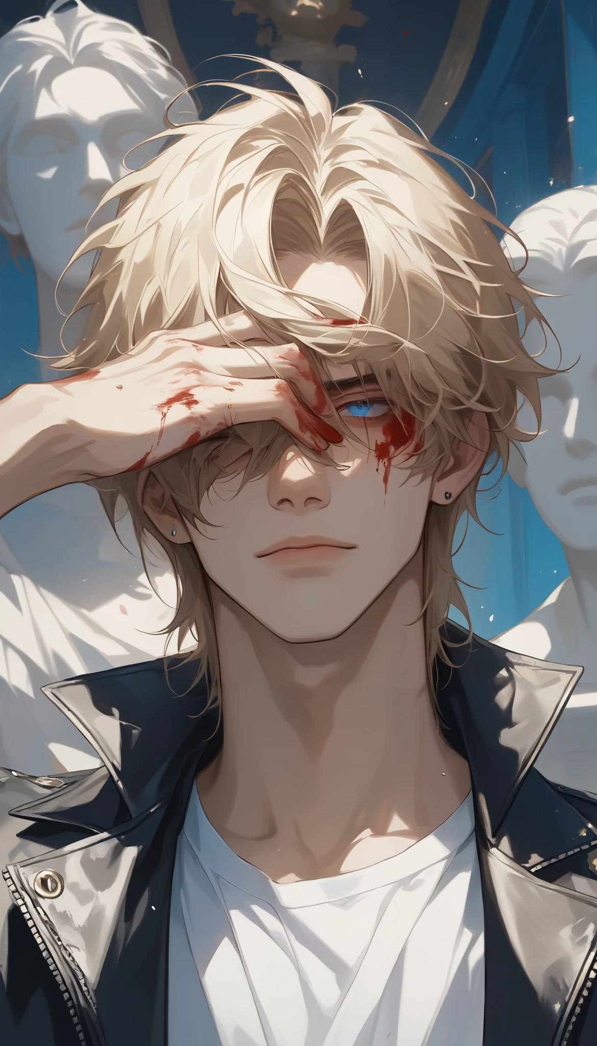 (score_9, score_8_up), (short messy hair, very messy bangs almost covering eyes), masterpiece, best quality, 1 man , blond hair , perfect face , blue eyes , handsome male , Alone, adult male , delicate line drawingimpasto, masterpiece, high resolution, Top quality, unique , 1 male , nice , tanned skin , blond haired, white t-shirts, leather jacket, smirk, (in a dark room filled with statues, blood splatter, beautiful blue eyes, slightly muscular)