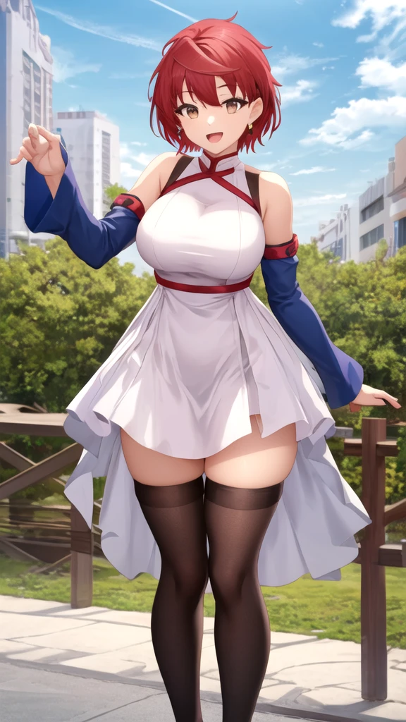 1girl, solo, fullbody, standing, dark skin, tan, magical girl, dress, shrine maiden, japanese clothes, detached sleeves, cleavage, dark hair, short hair, thick side ponytail, black choker, grey eyes, smile, embarrassed, blush, small breasts, flat chest, thick thighs, bare hands, bare legs, high heels, lora:Celesphonia:1:1,1,1,1,1,0,0,0,1,1,1,1,0,0,0,0,0, (Highest picture quality), colorful, (masterpiece:1.5), ultra high res, best quality, extremely detailed wallpaper, (intricate detail)