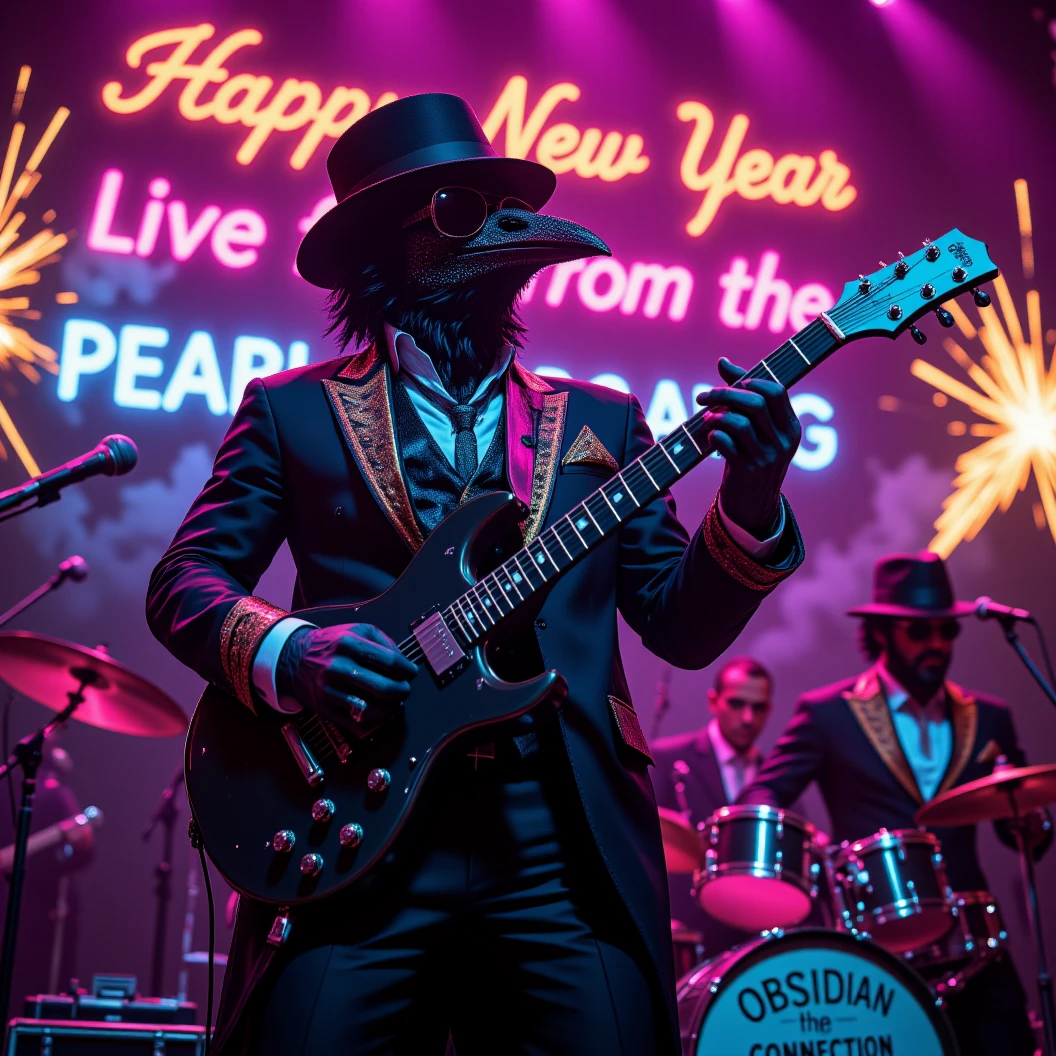 Muscular Anthropomorphic raven donned in intricate black suit with gold trim made of diamonds and a black diamond fedora. Diamonds cover his beak. Wears large sunglasses. Lead singer and electric guitar player of a jazz band at a high end jazz club. Uses a retro style microphone while playing his guitar. Behind the open air stage, fireworks burst. The words "Happy New Year MAB in a big neon sign, the words "Live From The Pearl" below in different colored neon letters. The base drum reads "Obsidian Rhythm Connection". Dynamic jazz band scene, dynamic pose, High Resolution, Masterpiece, Cinematic, Character Design, Hyperdetailed, Cinematography,  cinematic lighting, Depth Of Field, Sparkle, Ray Tracing, Image Fill, Dynamic Pose, old fashion microphone 