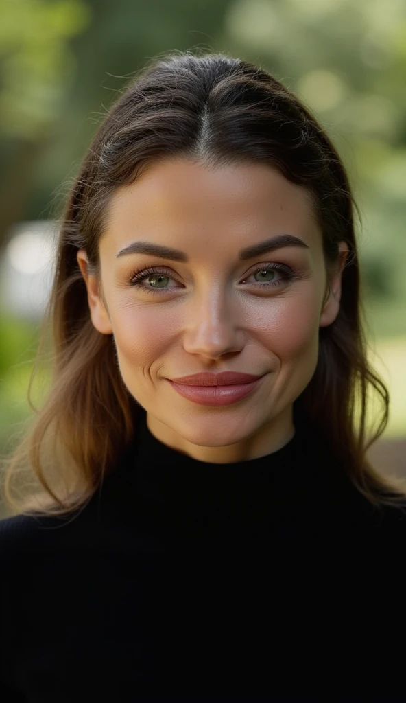 a stunning intricate full color portrait of a woman, black turtleneck,happy,epic character composition,sharp focus, natural lighting, subsurface scattering, f2, 35mm, film grain  20 years old, beautiful