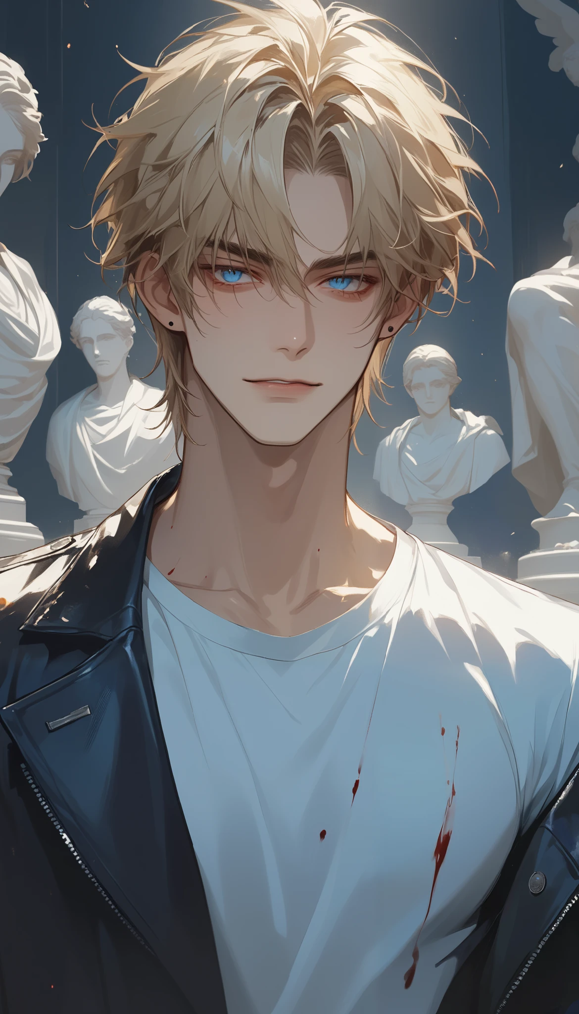 (score_9, score_8_up), (short messy hair, very messy bangs), masterpiece, best quality, 1 man , blond hair , perfect face , blue eyes , handsome male , Alone, adult male , delicate line drawingimpasto, masterpiece, high resolution, Top quality, unique , 1 male , nice , tanned skin , blond haired, white t-shirts, leather jacket, smirk, (in a dark room filled with statues, blood splatter, beautiful blue eyes, slightly muscular)