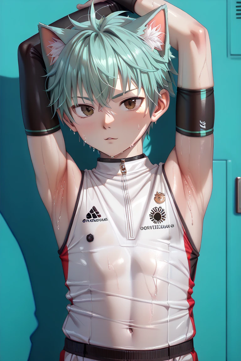 Sweat armpit, young boy, white sleeveless shirt, showing armpit, sporty, arm sleeve, mint hair, dark eyes, anime, cat ear, SDXL (1:2), detailed, HD