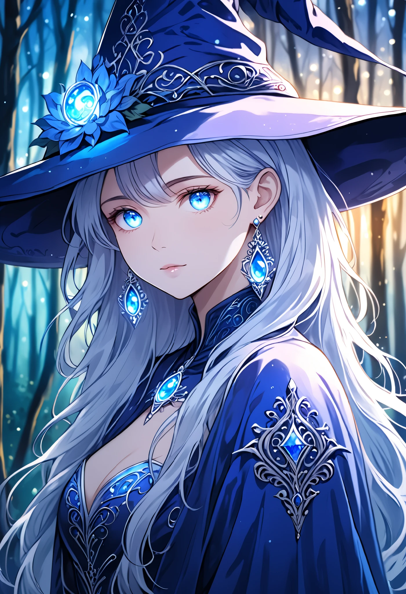 art by Cornflower,(​masterpiece),(top-quality:1.2),(perfect anatomy),(1 girl in witch hat:1.2),beautiful detailed blue eyes,silver hair,Mysteriously Glowing Forest,(Highly detailed elegant), Magical colors and atmosphere, Detailed skin,The background is soft and blurry,Add a dramatic and symbolic element to your scene, Written boundary depth, Bokeh, Silky to the touch, portrait, close up, close to face, glowing eyes, pretty earings, perfect eyes , love 