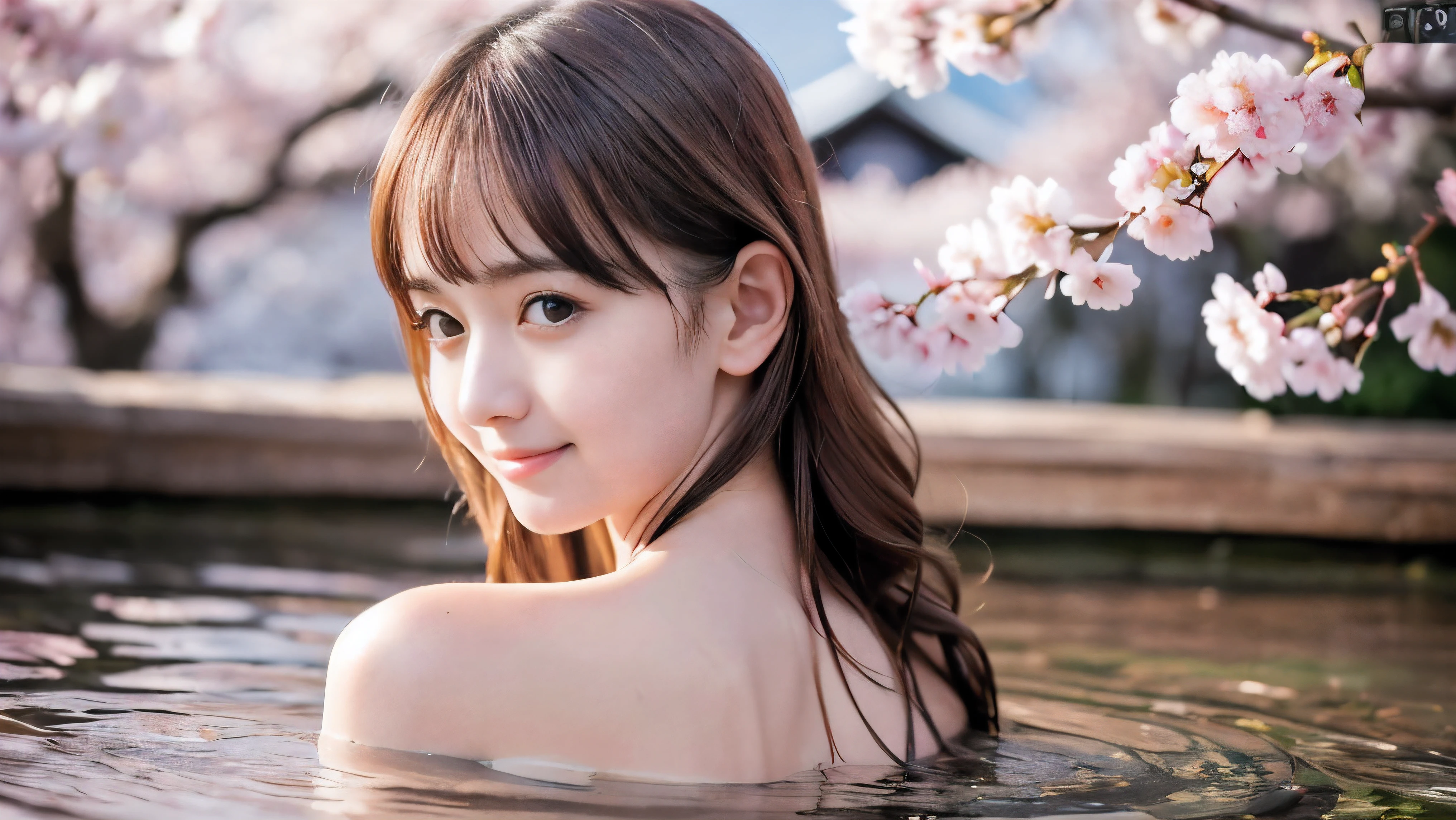 (Profile shot of a naked slender very small flat breasts red brown wavy long hair with dull bangs girl:1.5)、(Naked girl is soaking in a milky color Japanese onsen outdoors with small smile:1.5)、(Outdoor Japanese onsen with milky white color and it has full bloom weeping cherry blossoms:1.5)、(blurred background:1.5)、(Natural light:1.5)、(8k ultra detailed master piece:1.5)、(perfect anatomy:1.5)、(Photorealistic stick:1.5)、(Raw photo:1.3)、(highest quality:1.5)、(High resolution:1.3)、(Delicate and beautiful perfect face:1.3)、(Delicate and beautiful eye air skin:1.3)、(Real Human Skin:1.3)、((thin legs))