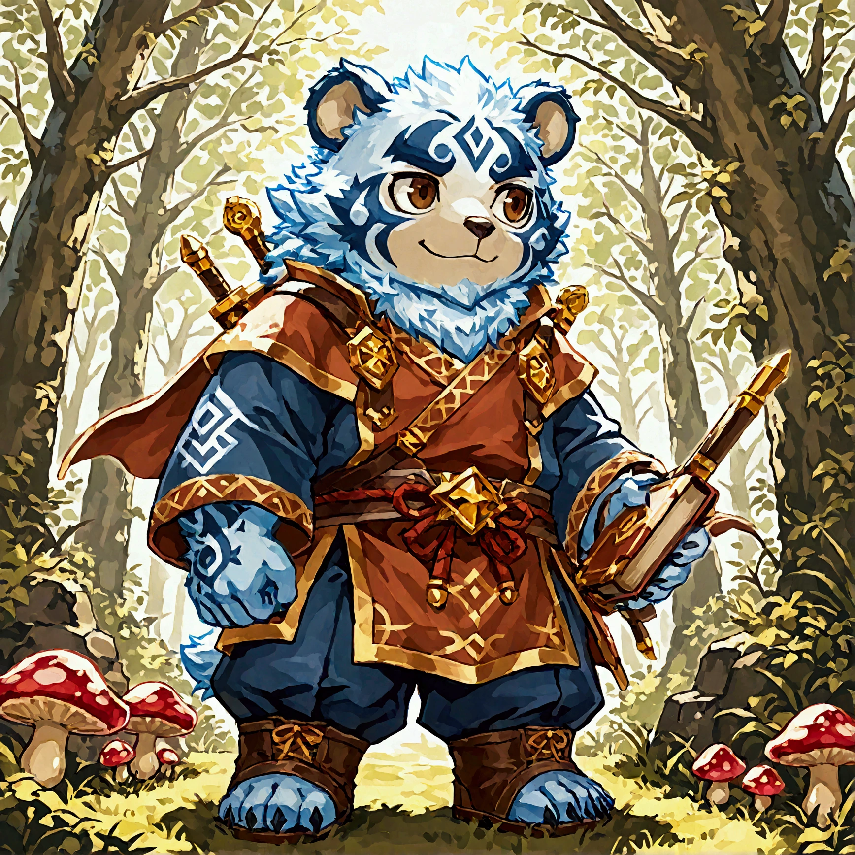 character focus, full body, looking away, dynamic angle, fantasy, middle-aged magical bear man, little smile, magical costume clothes, magical mushroom stick, robe, shirt, pants, boots, BREAK full body in Michelangelo Buonarroti style, housamo style, digital illustration anime, detailed painting landscape, magical Forest, glowing mushrooms grow everywhere, like a picture book, full color, HDR, BREAK complete anatomy, perfect proportions, beautiful thigh gap, fluffy body, intricate fur details, beautiful fur texture, BREAK a detailed bear 1tail, detailed boots, detailed 4toes, detailed foot, detailed hands, 5fingers, 5fingers nails, BREAK aesthetic anime face, insanity detailed face, male face, big face, square jawline, aesthetic anime eyes, detailed brown eyes, detailed brown cornea, detailed dark brown irises, detailed pupils, male eyes, big eyes, male eyebrows, innocent look, beautiful beard, BREAK masterpiece, official art, best quality, very aesthetic, absurdres, super fine illustration, great quality, BREAK noise reduction, very highres, large filesize, high quality, 32K, 8k wallpaper, dynamic lighting, BREAK insanity detailed, ultra detailed, intricate details, extremely detailed, detailed texture, an extremely delicate and beautiful, BREAK e621 illustration, osukemo, kemohomo, anthropomorphic, furry, cartoon, harmonious, pastoral face, virtuous eyes, magical atmosphere