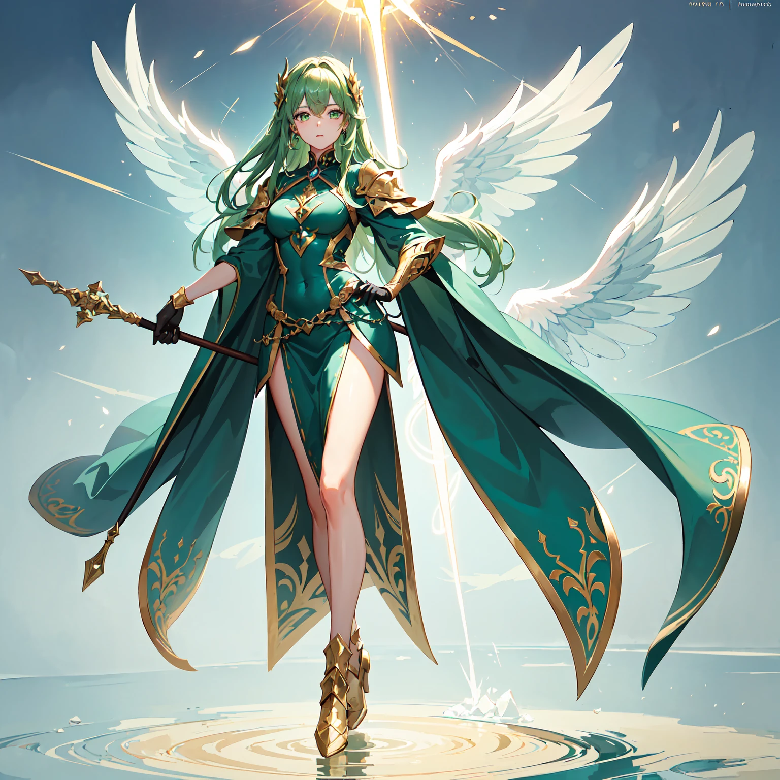 ((8K)), ((top-quality)), ((masterpiece)), ((超A high resolution)), ((T-Mastepiece)), detailed skin textures, Detailed Cloth Texture, Detailed metal texture, ((beautifull detailed face)), Raw photo, proffesional, Ultra-fine painting, ((独奏)), )((Woman dressed as a mecha angel)))), beutiful breast, concept-art, Anime Science Fantasy Artwork, Detailed Science Fantasy Art, ((Has emerald green hair and large emerald green color symmetrical mech wings)), (mechs:1.6)Sleek and menacing design, ((Marshal's Hi-ν Gundam Armament)), (((Black and gold armor with emerald green color))), (combat pose), (actionpose), 8k high quality detailed art, 3D rendering of character art in 8K, defined legs, Defined arm, defined fingers, NSFW