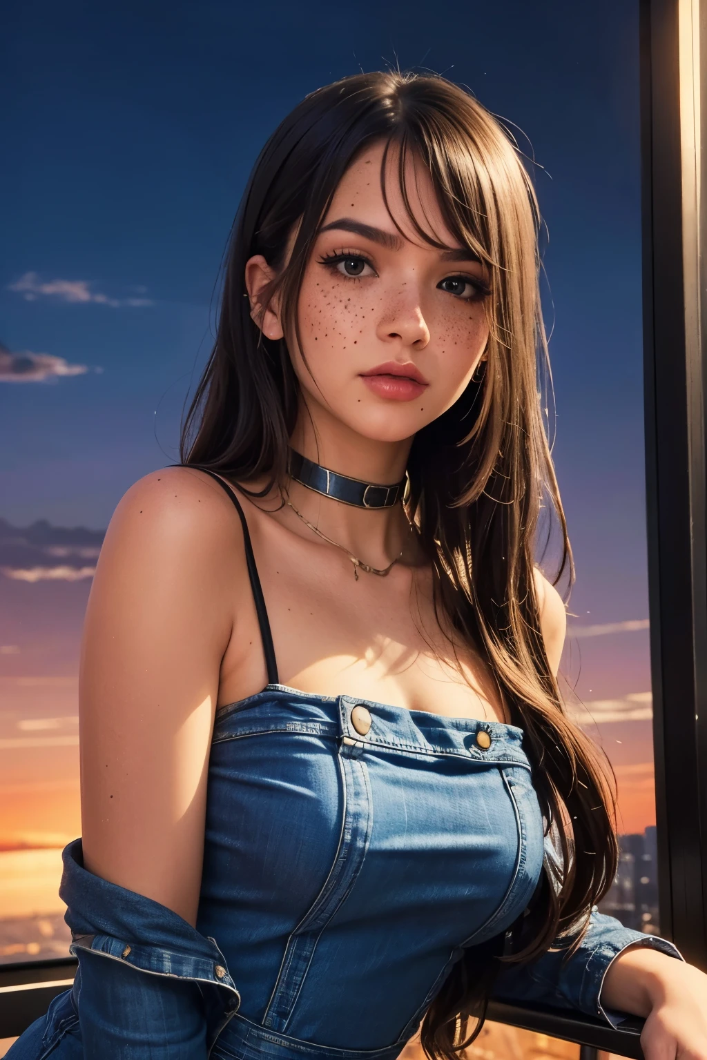 (by Loish, JC Leyendecker, James Gilleard), a beautiful young m31m414 woman, 60's cityscape background, retro look, wearing a retro tight-fitting denim jumpsuit and exxaggerated 60's makeup (long black hair, bangs, freckles, delicate facial features, alluring gaze), intrincate pose, extremely detailed, tiny beautiful details, dynamic ambient lighting, sunset, gradient sunset sky, fantasyscape,animaport
