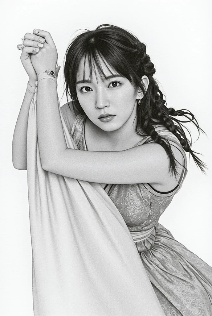  Ling Min Mei ,  1 girl, Alone, monochrome,  braided ,  Watch Viewers ,  dress,  long hair,  traditional media, signature, bangs, compensate,   Holding Hands Yourself ,  black hair,  upper body, lipstick,  drill hair,  artist name, twin  braided s,  bridal gauntlet,  sleeveless