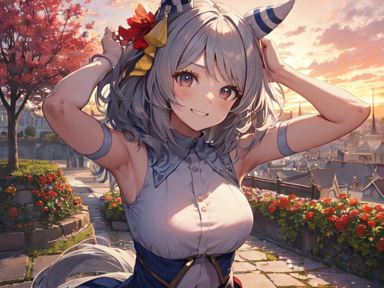 ((alone)), (Staring at chest), Horse ears, Show your armpits and lie down, Armpit emphasis. Makeup, Smiling showing gums, ((Red flower bed)), (Red sky), Inside castle walls, Wind blowing,  (super cute, Braided half-up, See-through clothing, Nipple Shape、longhair 、 twin tails)、3D animation, UHD, retina, Masterpiece, Accurate, Anatomically correct, Textured skin, Ultra detailed, High detail, High quality, Award winning, Best quality, High resolution, 16k,