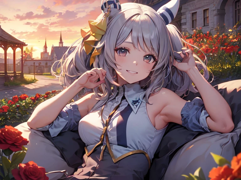 ((alone)), (Staring at chest), Horse ears, Show your armpits and lie down, Armpit emphasis. Makeup, Smiling showing gums, ((Red flower bed)), (Red sky), Inside castle walls, Wind blowing,  (super cute, Braided half-up, See-through clothing, Nipple Shape、longhair 、 twin tails)、3D animation, UHD, retina, Masterpiece, Accurate, Anatomically correct, Textured skin, Ultra detailed, High detail, High quality, Award winning, Best quality, High resolution, 16k,