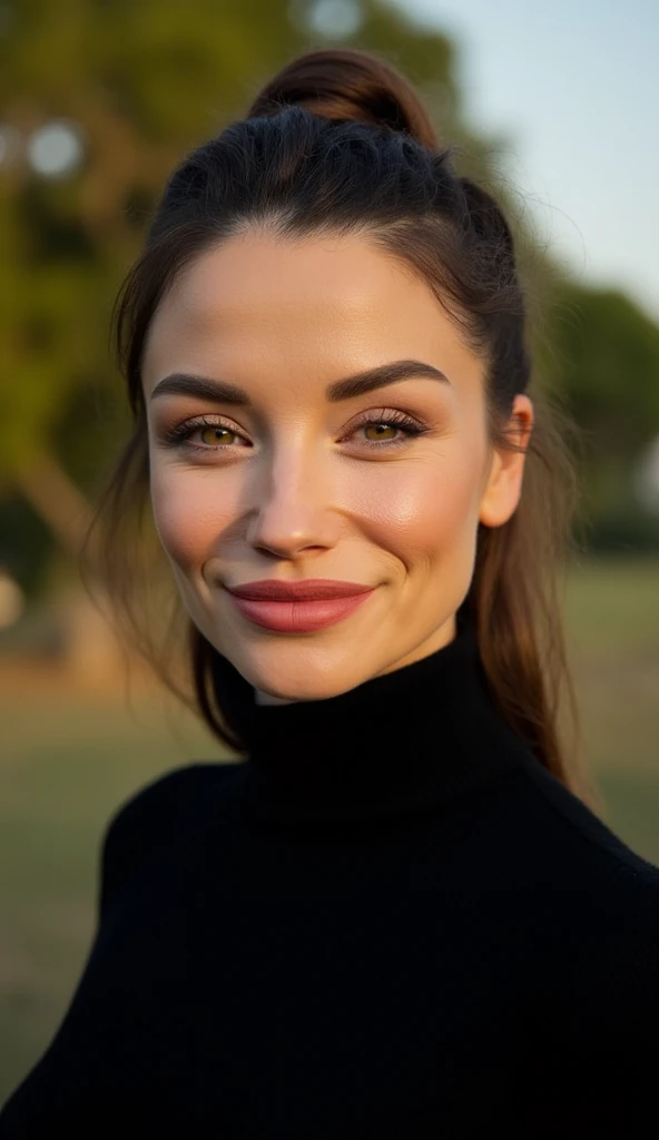 a stunning intricate full color portrait of a woman, black turtleneck,happy,epic character composition,sharp focus, natural lighting, subsurface scattering, f2, 35mm, film grain  20 years old, beautiful