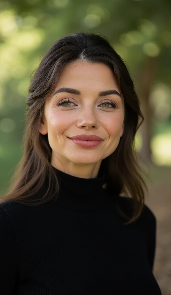 a stunning intricate full color portrait of a woman, black turtleneck,happy,epic character composition,sharp focus, natural lighting, subsurface scattering, f2, 35mm, film grain  20 years old, beautiful