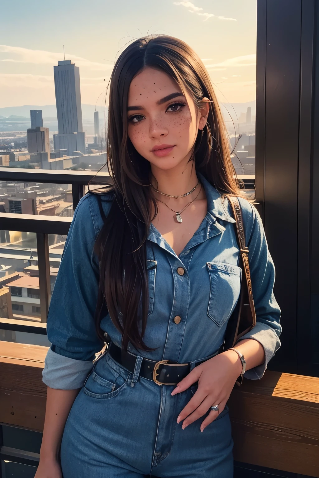 (by Loish, JC Leyendecker, James Gilleard), a beautiful young m31m414 woman, 60's cityscape background, retro look, wearing a retro tight-fitting denim jumpsuit and exxaggerated 60's makeup (long black hair, bangs, freckles, delicate facial features, alluring gaze), intrincate pose, extremely detailed, tiny beautiful details, dynamic ambient lighting, sunset, gradient sunset sky, fantasyscape,animaport