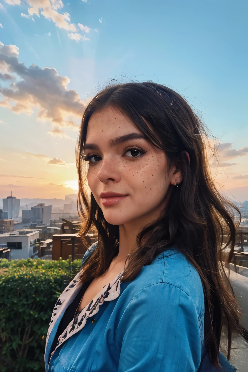(by Loish, JC Leyendecker, James Gilleard), a beautiful young m31m414 woman, 60's cityscape background, retro look, wearing a retro tight-fitting denim jumpsuit and exxaggerated 60's makeup (long black hair, bangs, freckles, delicate facial features, alluring gaze), intrincate pose, extremely detailed, tiny beautiful details, dynamic ambient lighting, sunset, gradient sunset sky, fantasyscape,animaport