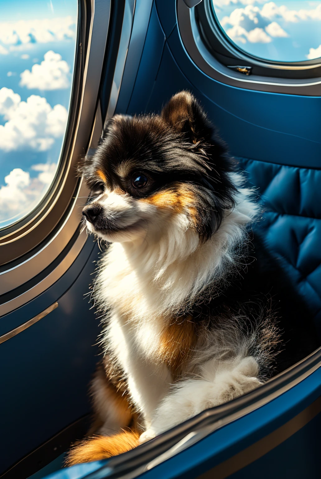 Realistic, black and tan Pomeranian, one dog, back ground of first class seat on the airplane, by the window seat, blue sky from the airplane window,