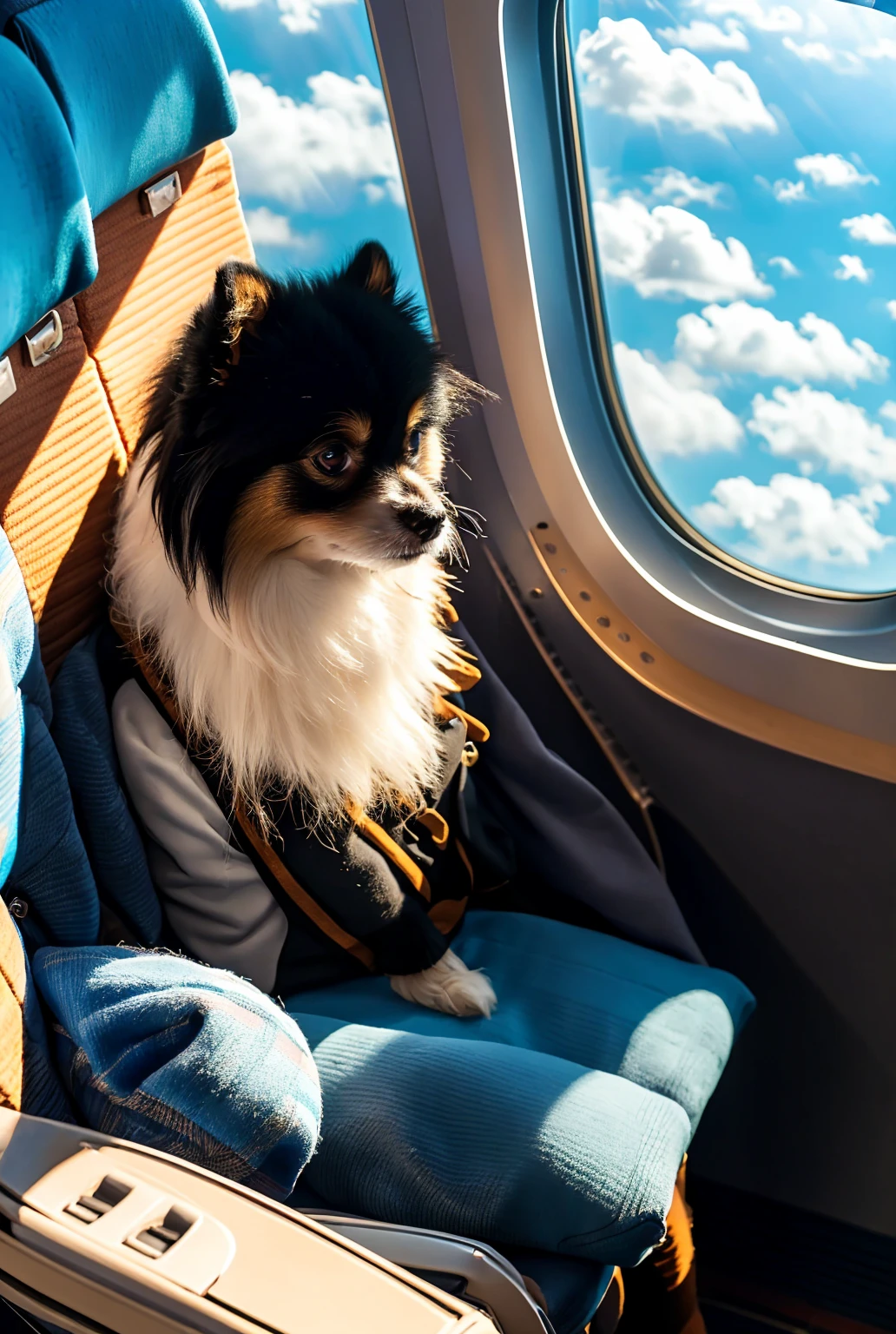 Realistic, black and tan Pomeranian, one dog, back ground of first class seat on the airplane, by the window seat, blue sky from the airplane window,