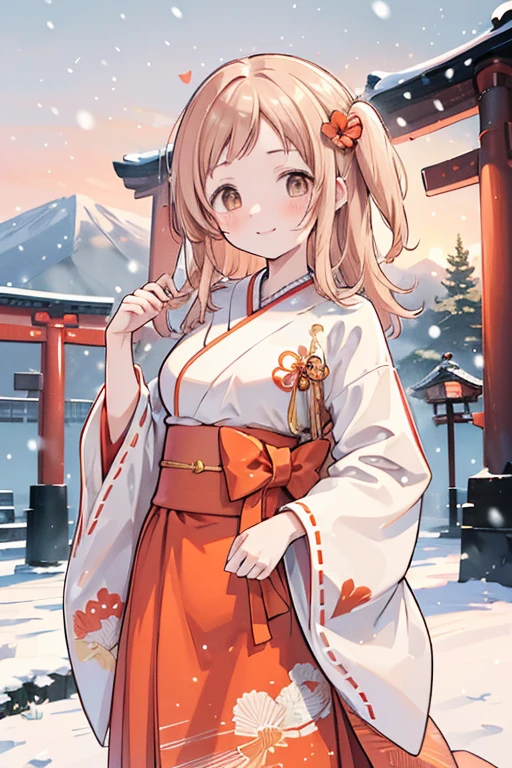 Sakuragi Mano, ((Mega Breasts)), Absolute territory,　smile, Fluffy, (Healing), ((feathers)),　brooch, medium hair, best quality, masterpiece, blush, light brown hair, 　outside curling hairstyle, side fringe, (forehead : 1.28), left-right symmetry fashion,　 winter, ((((snow)))), , light brown eyes, 　(((spoken heart))), (shrine), new year, sunrise, morning, standing, mountain, ((((hawk)))),　torii gate, shrine maiden outfit, floral pattern vivid red skirt, (Japanese check pattern red and orange obi), (wing on sleeve), (Japanese style gorgeous big vivid red flower hair ornaments),