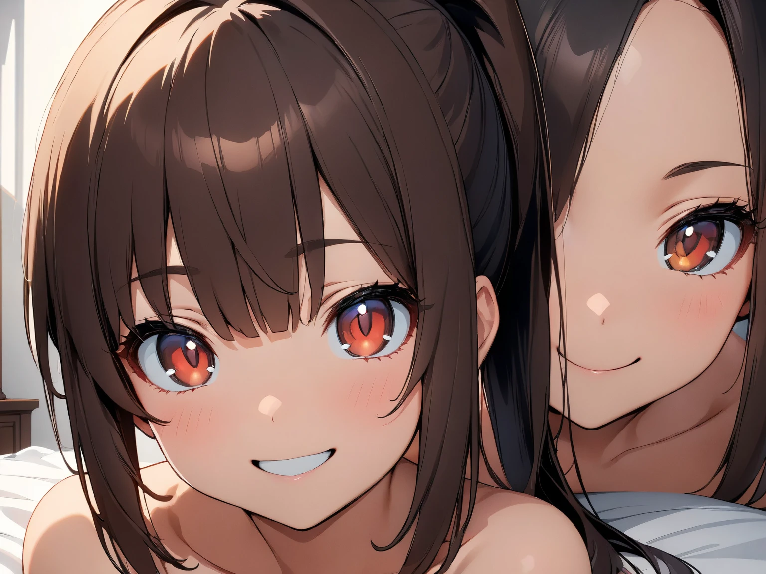 1girl, aster nemesis, dark-skinned female, black hair, very long hair, yellow eyes, small breasts , twin tails, looking at viewer, , smile,,my room,,nsfw,,,camisole,leaning forward