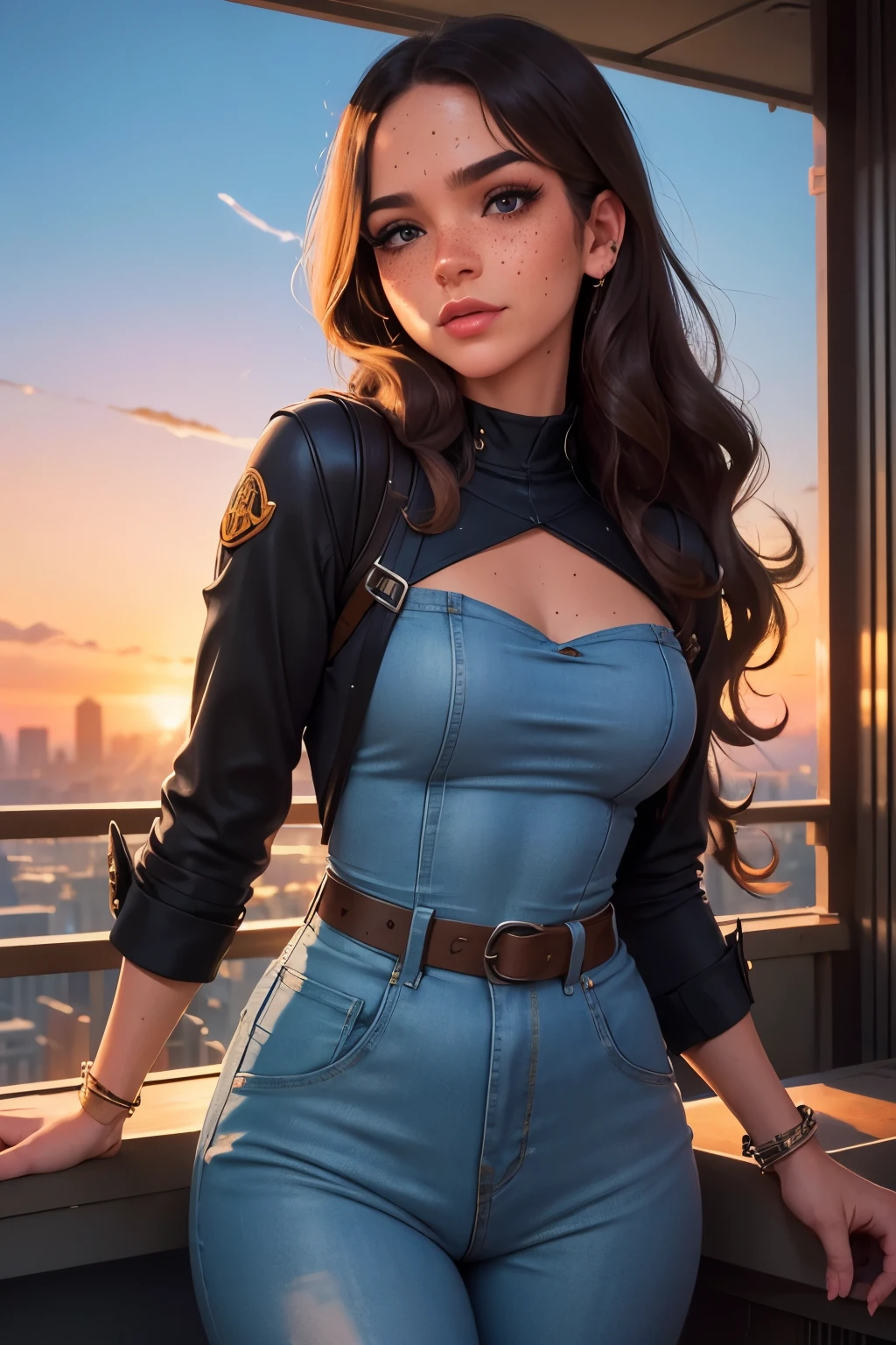(by Loish, JC Leyendecker, James Gilleard), a beautiful young m31m414 woman, 60's cityscape background, retro look, wearing a retro tight-fitting denim jumpsuit and exxaggerated 60's makeup (long black hair, bangs, freckles, delicate facial features, alluring gaze), intrincate pose, extremely detailed, tiny beautiful details, dynamic ambient lighting, sunset, gradient sunset sky, fantasyscape,animaport