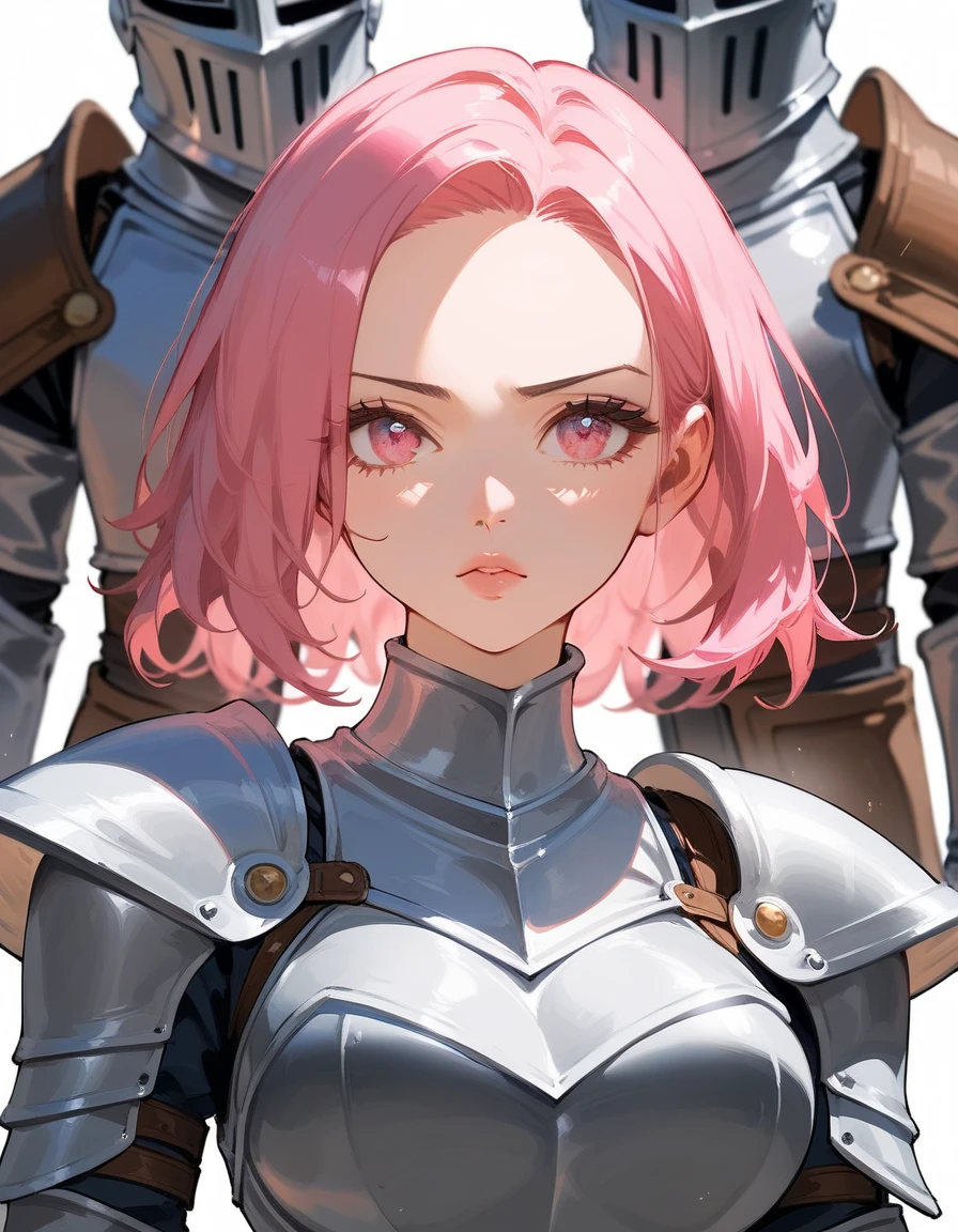 score_9_up,score_8_up,1 girl, high quality, (short hair), pink hair, forehead, (medium breast), (stocking), (sweaty:1.1), (middle Ages:1.2), (silver armor), straps