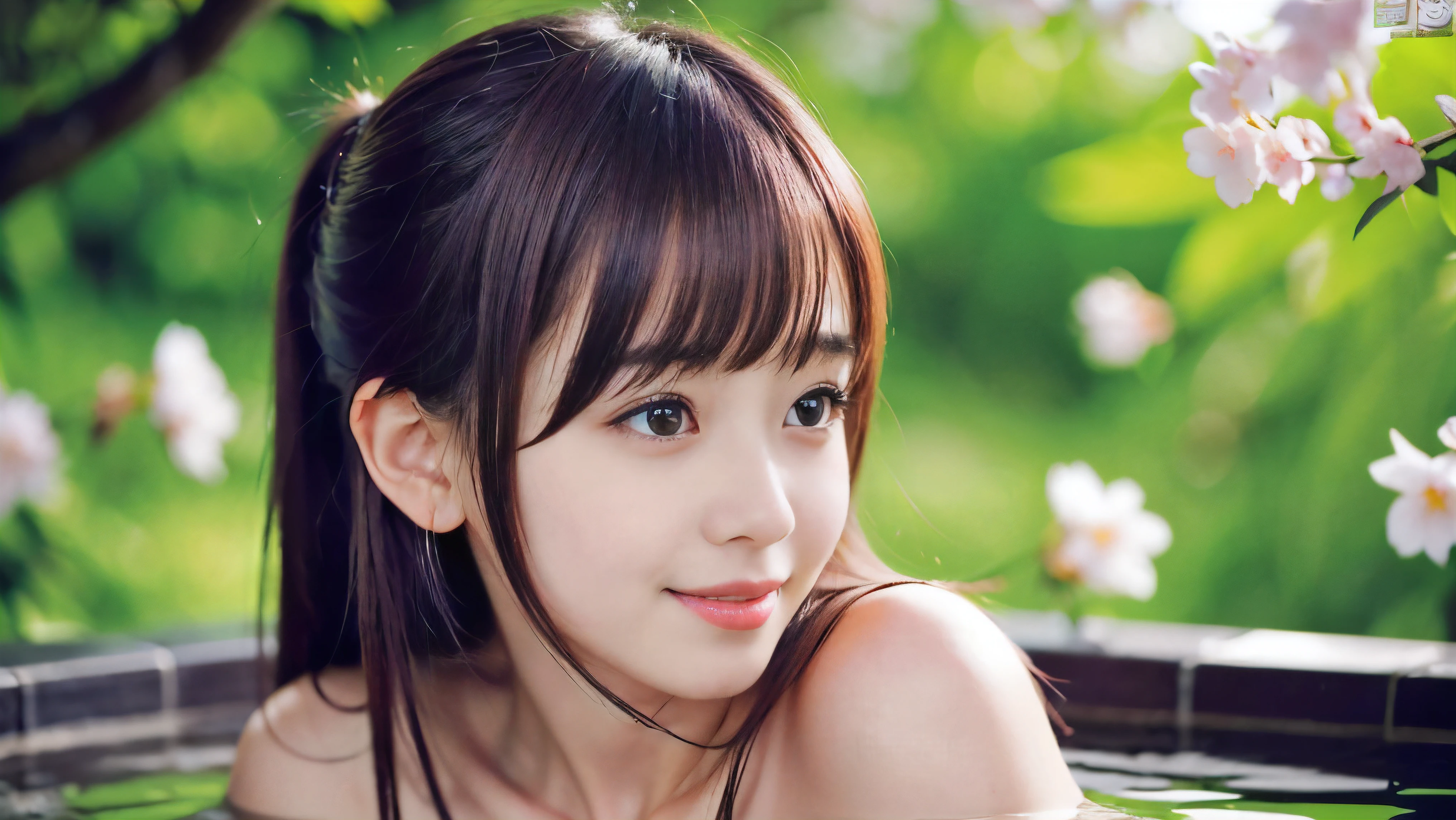 (High angle shot of a naked slender small breasts maroon long twin tailed hair with bangs between eyes girl:1.5)、(Naked girl is soaking in a milky color Japanese onsen outdoors and looking up the sky with small smile:1.5)、(Outdoor Japanese onsen with milky white color and it has full bloom cherry blossoms:1.5)、(blurred background:1.5)、(Natural light:1.5)、(8k ultra detailed master piece:1.5)、(perfect anatomy:1.5)、(Photorealistic stick:1.5)、(Raw photo:1.3)、(highest quality:1.5)、(High resolution:1.3)、(Delicate and beautiful perfect face:1.3)、(Delicate and beautiful eye air skin:1.3)、(Real Human Skin:1.3)、((thin legs))